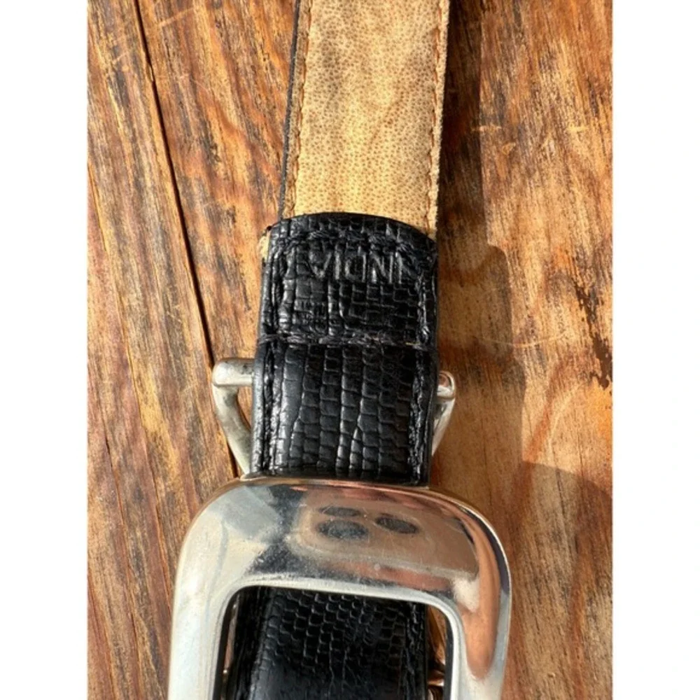 Y2K Black Leather Croc Embossed Belt Silver X‎ Buckle Minimalist Unisex